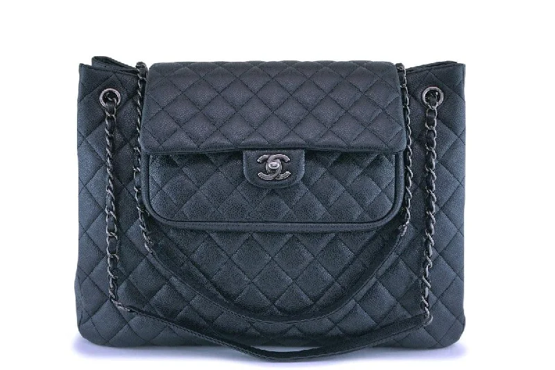 Chanel bags with iconic stitching detailsChanel Charcoal Gray Caviar Classic Flap Timeless Tote Bag