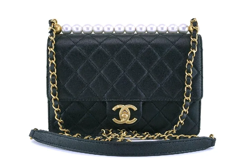 Chanel bags with intricate metal hardwareNIB 19S Chanel Black Lambskin Chic Pearls Classic Limited Mini Pearl Flap Bag GHW