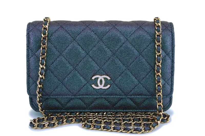 Chanel bags for a polished and professional appearanceNIB 19S Chanel Iridescent Black Caviar Classic Wallet on Chain Pearly CC WOC Bag