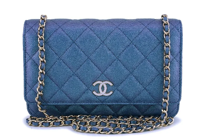 Chanel bags for women with minimalist styleNIB 19S Chanel Iridescent Blue Caviar Classic Wallet on Chain Pearly CC WOC Bag