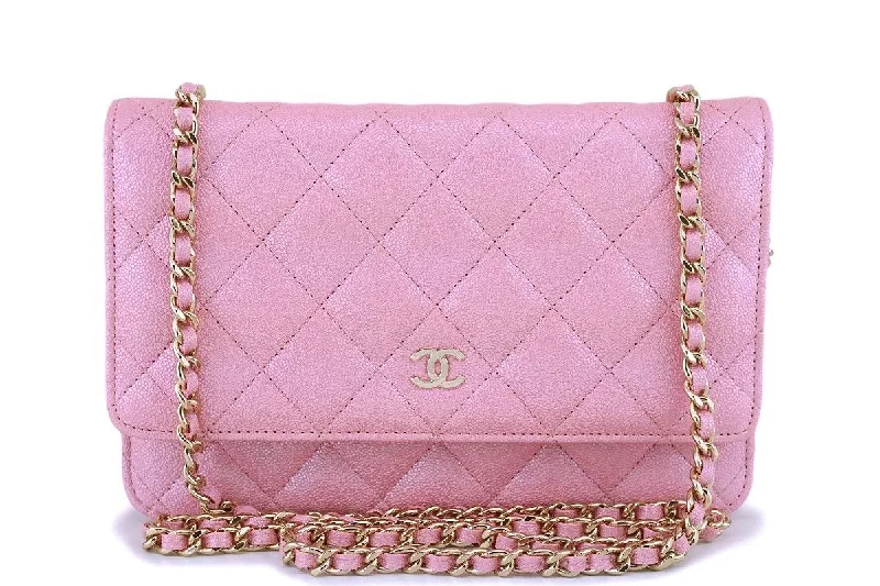 Chanel bags with iconic stitching detailsNIB 19S Chanel Pearly Iridescent Pink Caviar Classic Wallet on Chain WOC Bag GHW