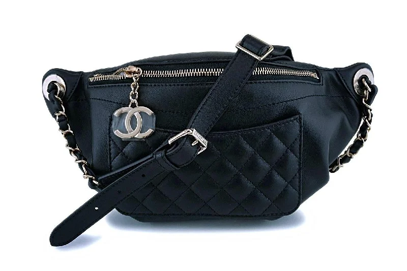 Chanel Designer Handbag with Unique DesignNIB Chanel Black Calfskin "Pocket" Banane Fanny Pack Belt Waist Bag GHW