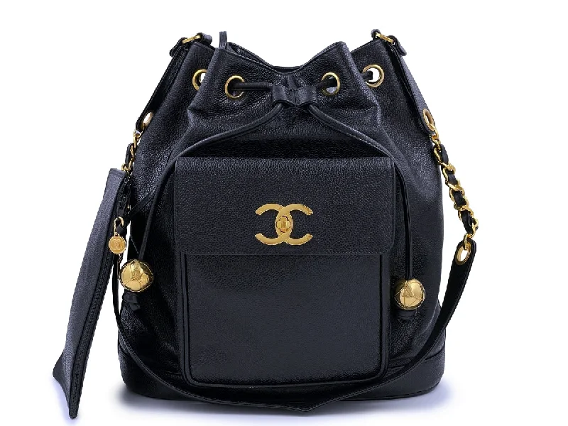 Chanel Designer Handbag with Unique DesignRare Chanel 1994 Vintage Black Caviar Large Bucket Bag Front CC Pocket