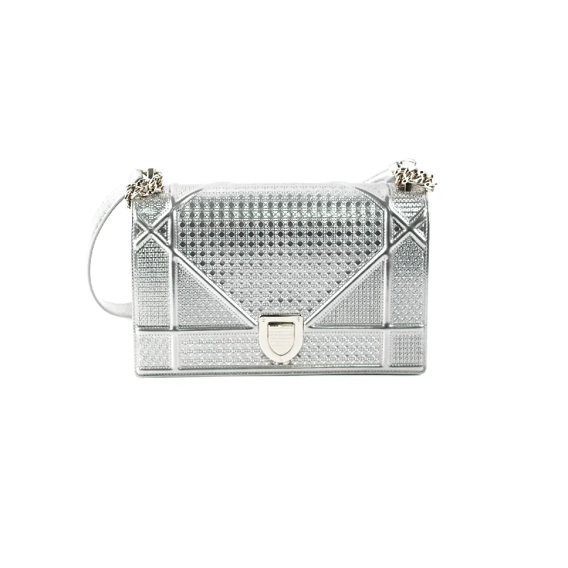 Christian Dior bags with a side - pocket for holding a water bottleDior Medium Diorama Metallic Silver