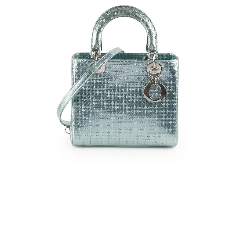 Christian Dior bags with a side - pocket for holding a water bottleChristian Dior Lady Dior Medium Metallic Blue Patent