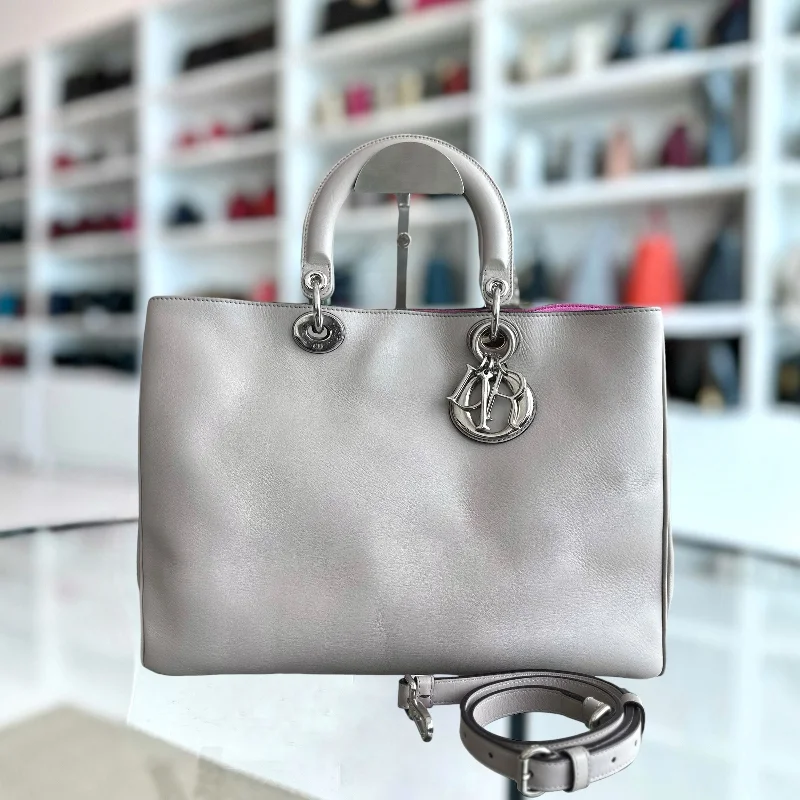 Christian Dior Saddle bags with a patent leather finish for a shiny lookDiorissimo Large Smooth Calfskin Grey Tote SHW