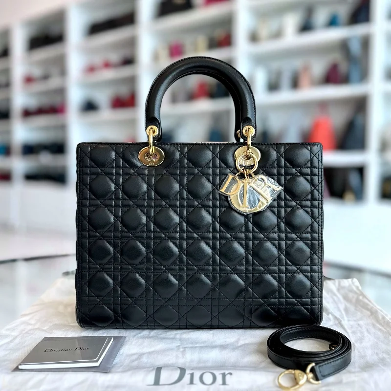 Contemporary Christian Dior handbags with a unique shapeLady Large Lambskin Cannage Black GHW