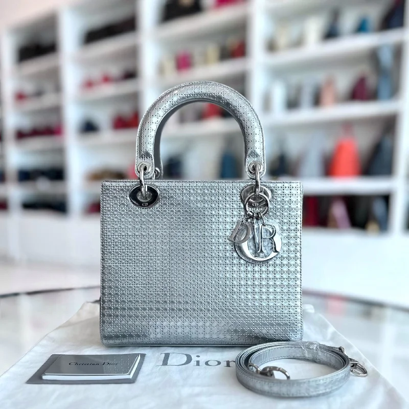 Christian Dior Saddle bags with a distressed leather finishLady Medium Micro-Cannage Metallic Limited Edition Silver SHW