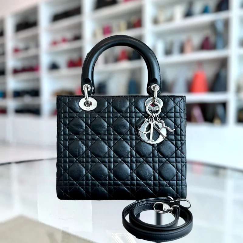 Christian Dior handbags with a snap - button closure and a decorative buckleLady Medium Vintage Cannage Lambskin Black SHW