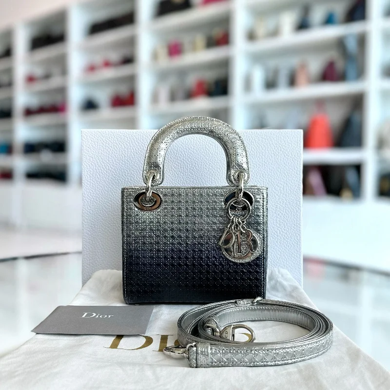 Christian Dior handbags with a snap - button closure and a decorative buckleLady Mini Calfskin Micro-Cannage Metallic Silver Bi-Color Dark Blue SHW