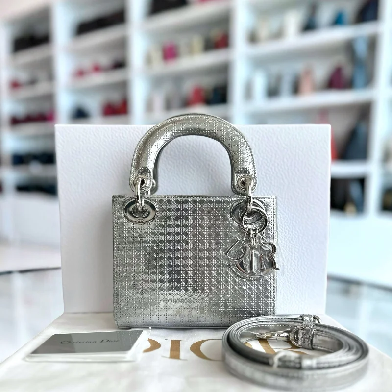 Christian Dior handbags with a snap - button closure and a decorative buckleLady Mini Micro-Cannage Silver Limited Edition SHW