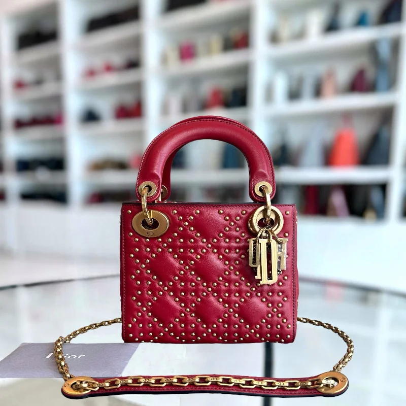 Trendsetting Christian Dior crossbody bags with a colorful strapLady Mini Studded Cannage Calfskin Red AGHW