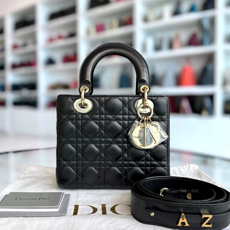 Contemporary Christian Dior handbags with a unique shapeLady Small Cannage Lambskin Black ABC MyABC Charm GHW