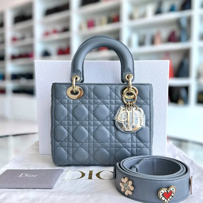 Christian Dior bags with a side - pocket for holding a water bottleLady Small Cannage Lambskin Haze Blue ABC MyABC Charm GHW