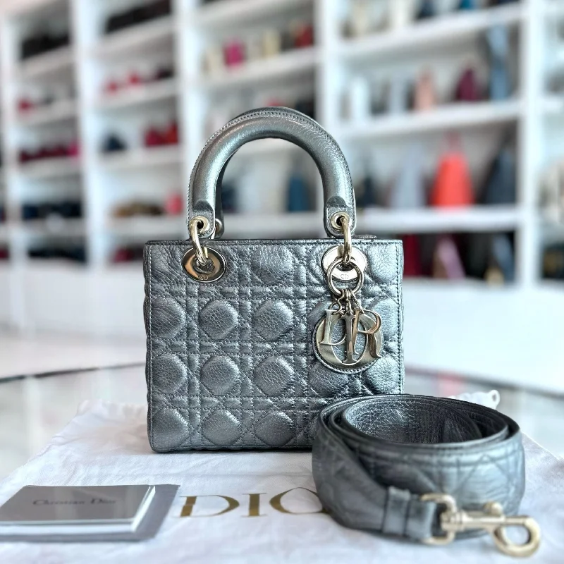 Christian Dior handbags with a detachable mirror for on - the - go touch - upsLady Small Grained Calfskin Metallic Gunmetal GHW