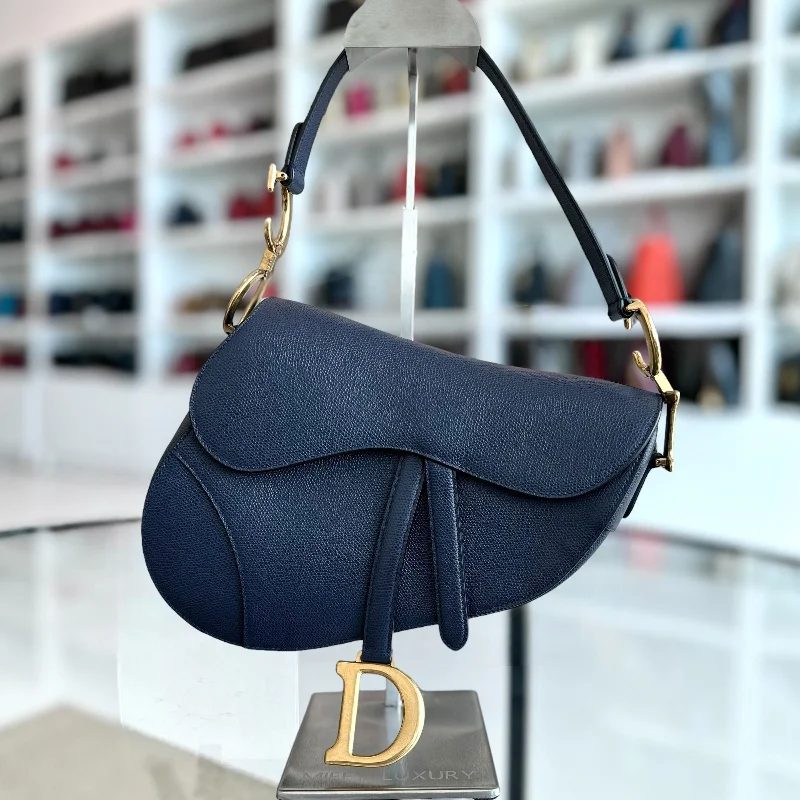 Christian Dior handbags with a removable shoulder strap for versatilitySaddle Medium Grained Calfskin Dark Blue GHW