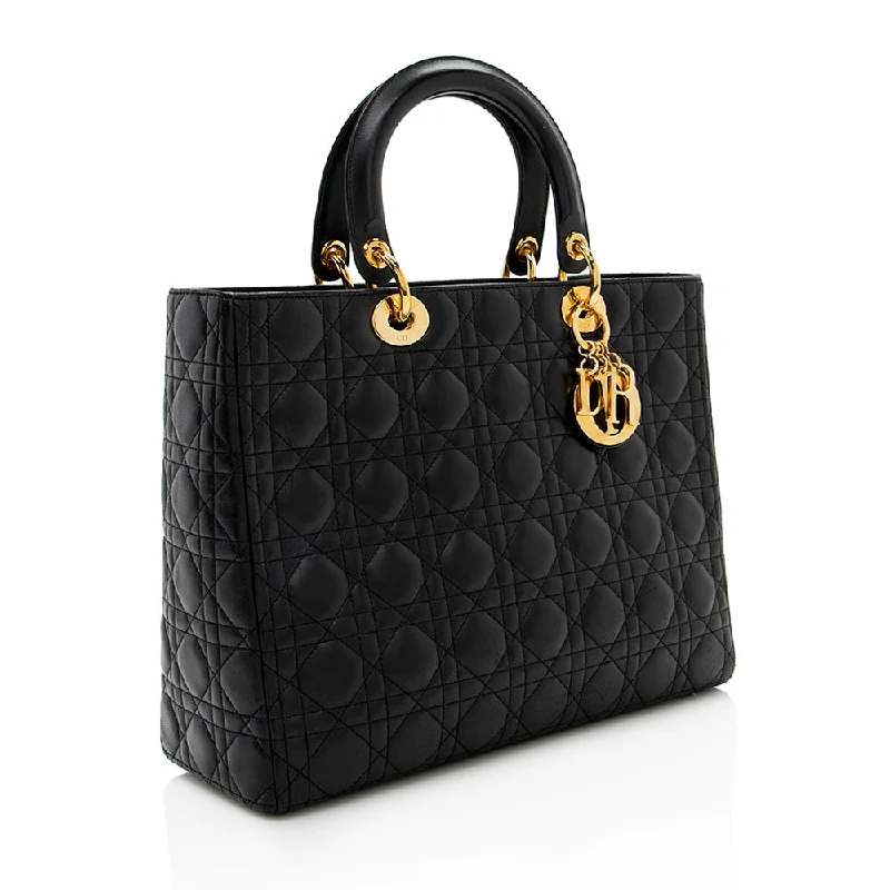 Christian Dior handbags with a snap - button closure and a decorative buckleDior Vintage Lambskin Lady Dior Large Tote (SHF-17064)