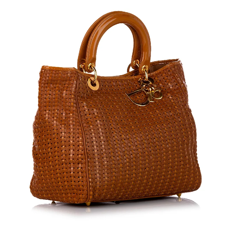 Christian Dior Saddle bags with a studded trim for a bold lookDior Woven Soft Lady Dior Leather Tote Bag (SHG-25954)