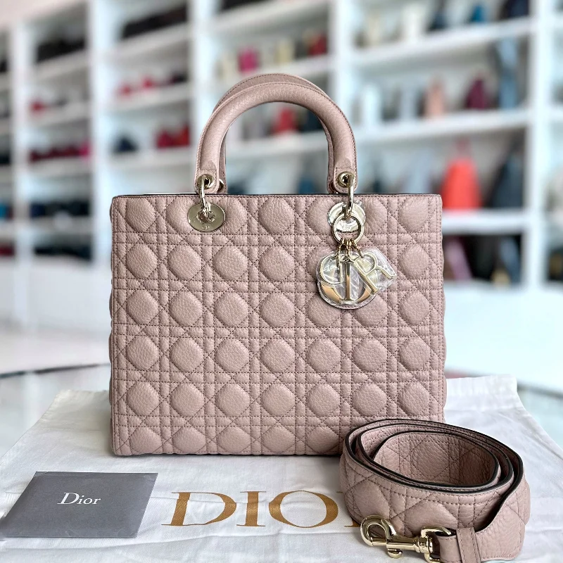 Christian Dior handbags with a back - pocket for quick storage*Flap, Grained Calfskin* Lady Large Grained Calfskin Nude Pink Blush LGHW