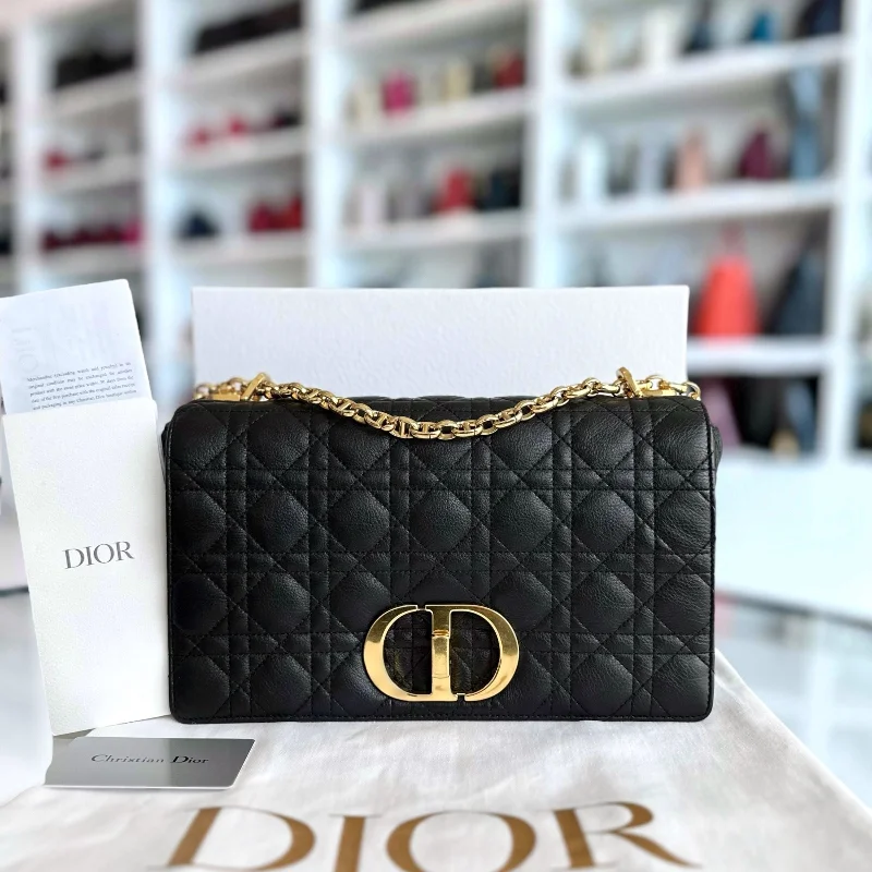 Christian Dior tote bags with a printed Dior logo on the front*Full Set, Receipt* Caro Large Cannage Calfskin Black GHW