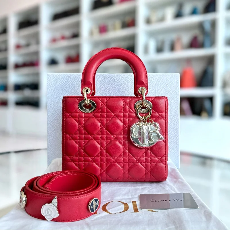 Christian Dior bags with a detachable coin purse inside*Full Set, Receipt* Lady Small Cannage Badge Charm ABC Red Cross Body GHW