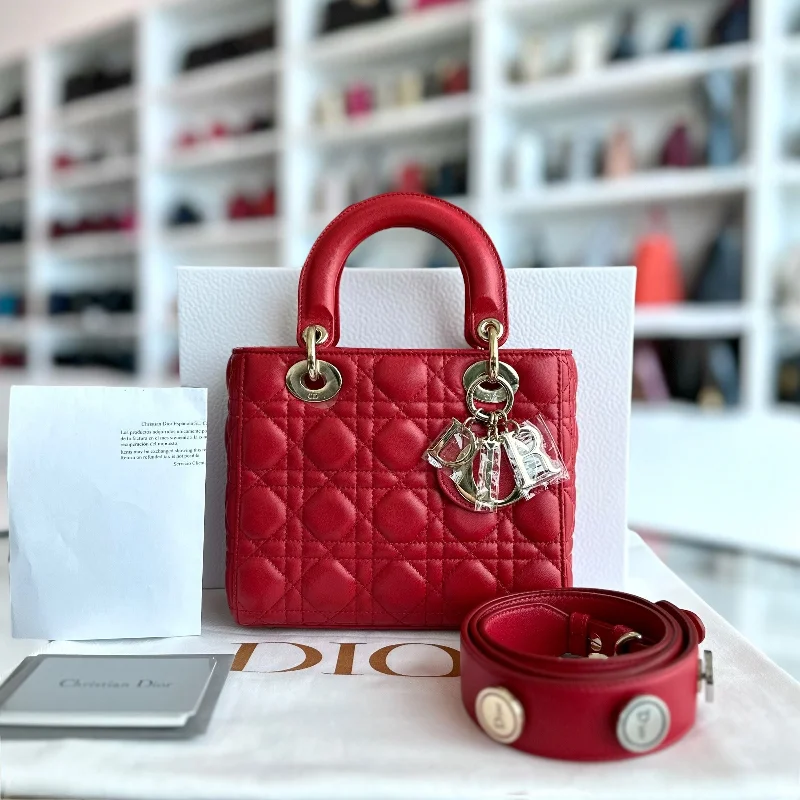 Christian Dior bags with a detachable coin purse inside*Full Set, Receipt* Lady Small Lambskin Cannage Charm ABC Red GHW