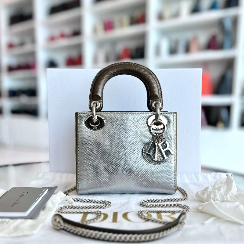 Christian Dior handbags with a snap - button closure and a decorative buckle*Lizard, Chain strap* Lady Mini Exotic Lizard Bi-color Silver Gold SHW