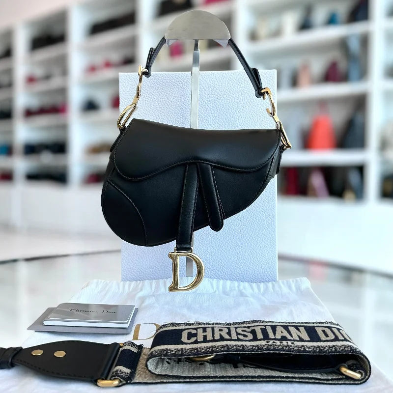 High - fashion Christian Dior bags with a geometric pattern*With Strap* Saddle Small 21CM Black Smooth Calfskin GHW Shoulder Bag